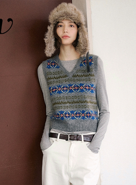 Even Vintage | 马海毛混纺 复古费尔岛知识分子灰色提花针织背心