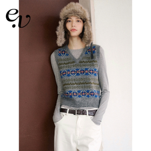 复古费尔岛知识分子灰色提花针织背心 马海毛混纺 Even Vintage