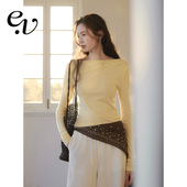 Even 温柔风一字领露肩紧身针织打底衫 Vintage 天丝羊毛混纺