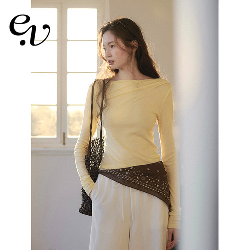Even Vintage | 天丝羊毛混纺 温柔风一字领露肩紧身针织打底衫