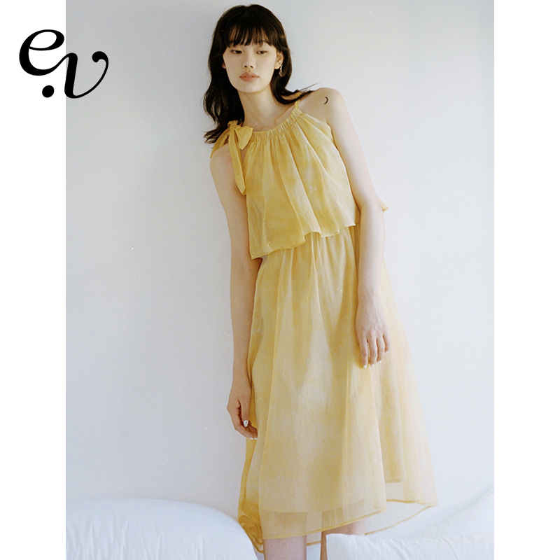 Even Vintage | 手工扎染 法式挂脖吊带裙夏季高腰漏肩无袖连衣裙