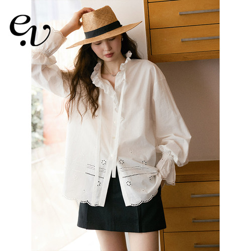 Even Vintage | 100%棉 浪漫蕾丝花边立领飘带设计感刺绣镂空衬衫