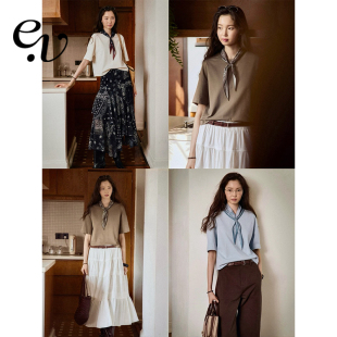 高智感可拆卸撞色丝巾纯色宽松短袖 软糯亲肤 T恤 Vintage Even