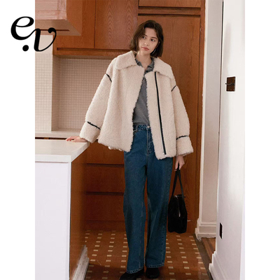 Even Vintage | 100%羊毛羊羔毛 复古黑色明线翻领宽松外套