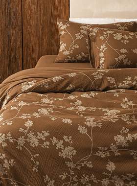 秋庭闲静新中式A类纯棉床品复古色织提花全棉双层纱床单笠四件套