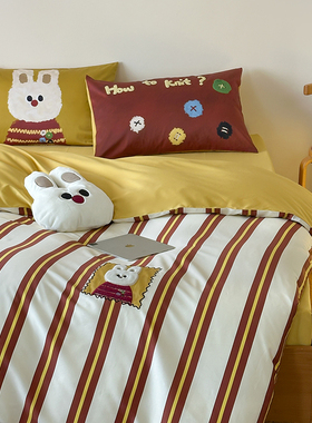纽扣兔子可爱儿童100S全棉贡缎床上用品四件套纯棉男女孩被套床品