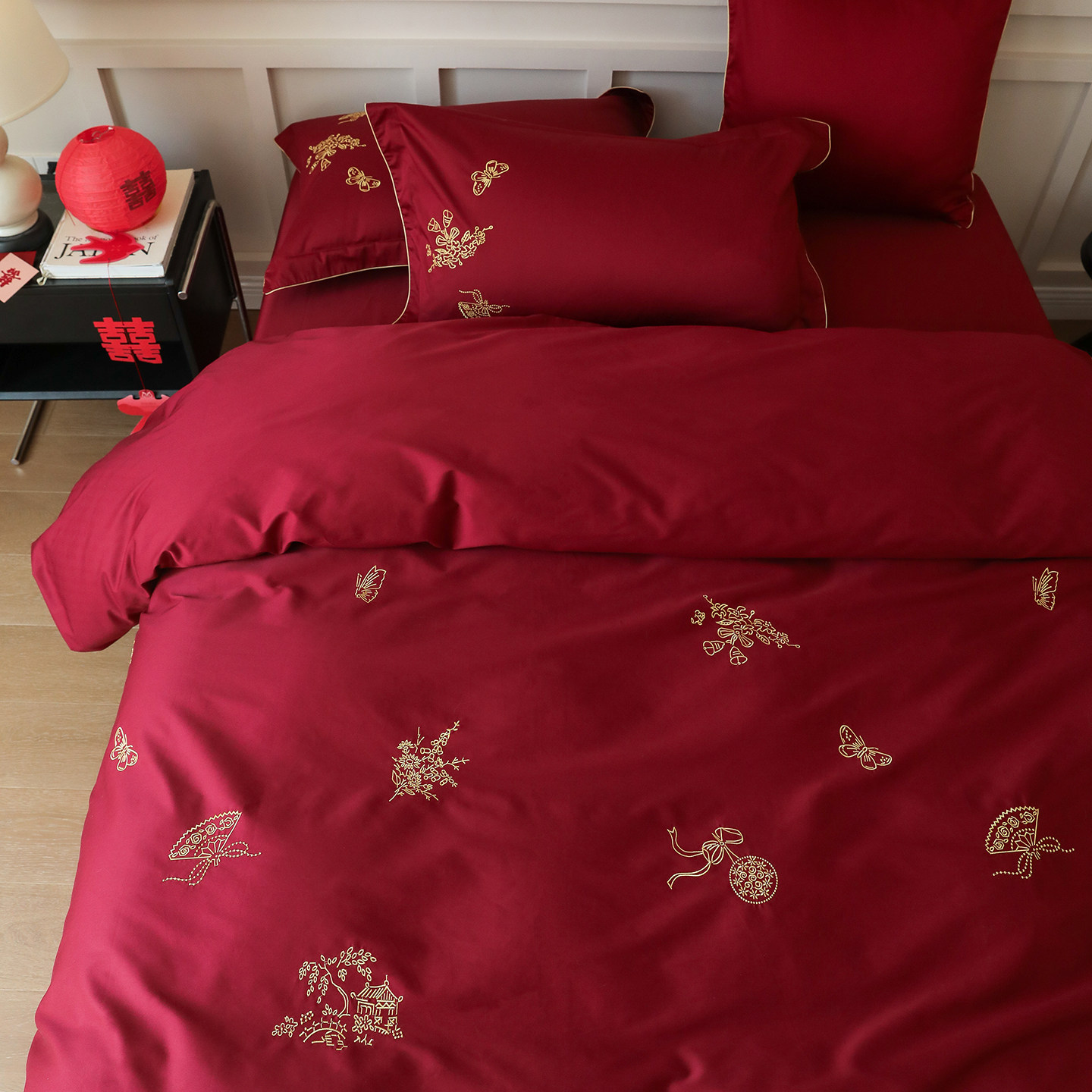 轻奢婚庆红色中式婚房全棉贡缎金丝线刺绣床品结婚喜嫁床上四件套