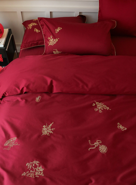 轻奢婚庆红色中式婚房全棉贡缎金丝线刺绣床品结婚喜嫁床上四件套