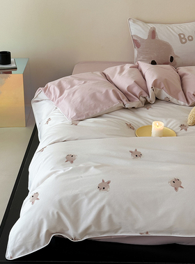 韩国有氧PANDA插画儿童100S全棉贡缎长绒棉床品纯棉被套四件套