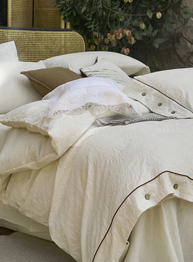 自然感复古法式棉麻清新提花四件套轻奢简约纯色亚麻全棉床单床品