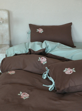 薄荷玫瑰法式全棉长绒棉轻磨毛少女床品纯棉秋冬纯色床上四件套