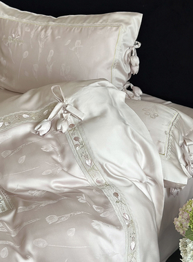 貌美法式少女心公主天丝棉提花床品精致绣花立体花朵床单四件套