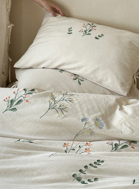 宋代静雅美学棉麻刺绣水洗棉全棉床品不染A类亚麻床单床上四件套