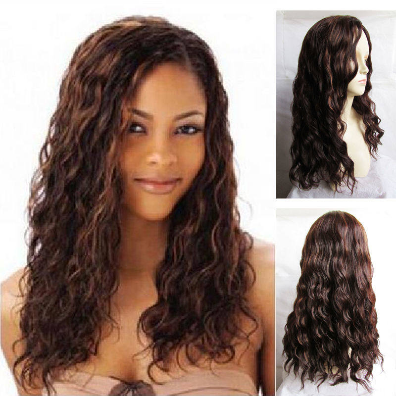 时尚棕色中分假发女长发逼真全头套蓬松波浪卷发型高温丝整顶发套