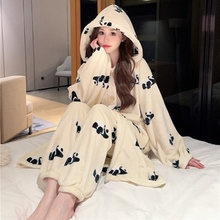 睡衣女冬法兰绒熊猫花舒适加厚保暖长睡袍长裤 家居服可外穿 套装