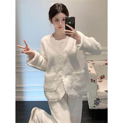 睡衣秋冬款女珊瑚绒加绒加厚保暖套装白色甜美风蕾丝可外穿家居服