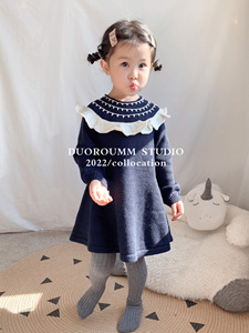 DUOROUMM 10/31 秋冬新款2022女童羊绒连衣裙复古花边领A摆宝宝裙