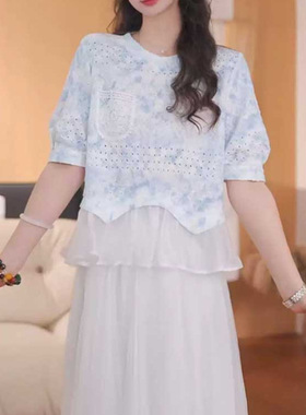 【海蓝宝】设计感女短袖拼接花边百搭女衬衫