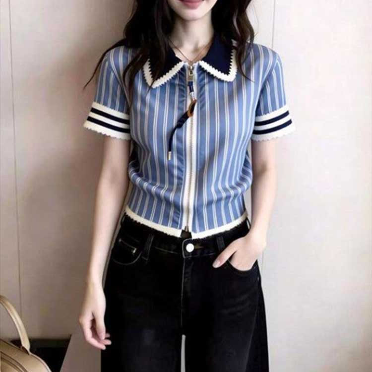 欧货高端定制蓝色条纹大码上衣女夏季新款大气精致感百搭长袖
