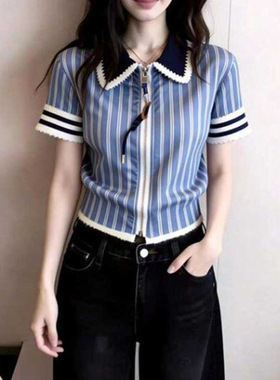 欧货高端定制蓝色条纹大码上衣女夏季新款大气精致感百搭长袖