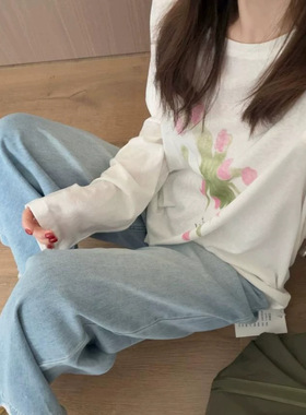 圆领印花防晒长袖T恤女2026夏季新款宽松套头打底衫上衣百搭