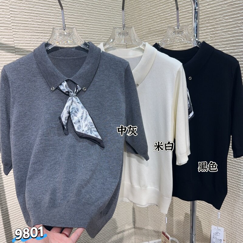 乔俪莎POLO领毛衣绵羊毛宽松套头上衣针织衫翻领内搭短袖打底衫女