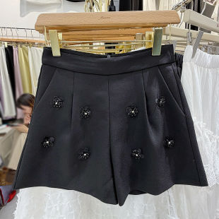 裤 女高腰显瘦阔腿休闲西装 轻奢风重工钉珠花朵短裤 2026春夏新款