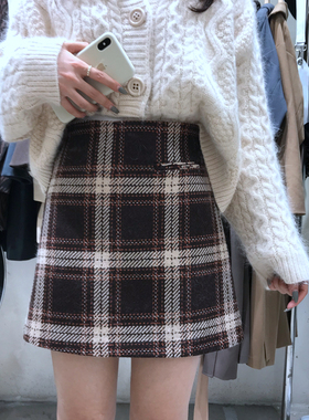 DVZ秋冬女装简约百搭格子羊毛呢半身裙高腰显瘦A字包臀短裙