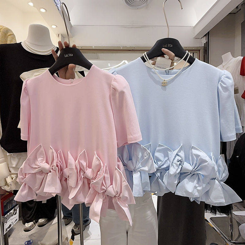 2026春夏新甜美风泡泡袖蝴蝶结短袖T恤女减龄下摆荷叶边套头上衣