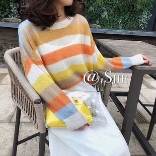 秋季女装装新款彩虹色条纹宽松款套头毛衣韩版撞色套头针织衫上衣
