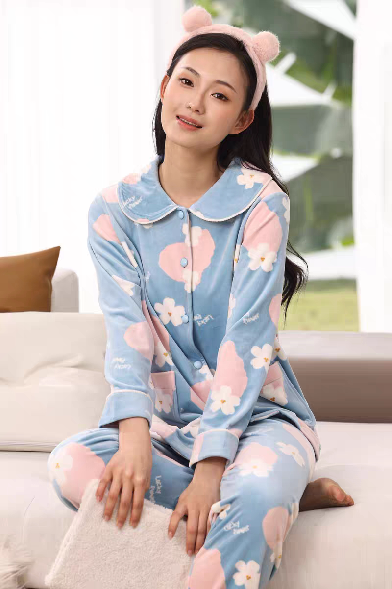 清意大莱秋冬女士加厚贝贝绒翻领对襟印花长袖长裤家居服睡衣套装