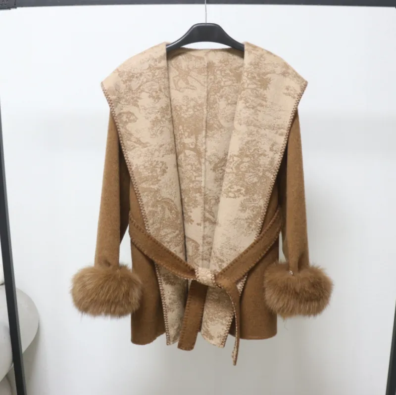 欧洲站羊毛双面呢大衣外套女连帽系带狐狸毛袖时尚秋冬外套