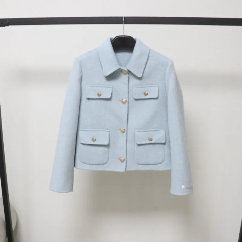 2025新款短款羊毛呢外套女金属爱心扣小香风双面羊毛大衣春秋宽松