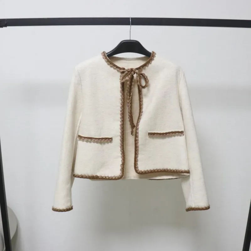 25小香风毛呢外套女新撞色圆领小个子短款双面羊毛大衣短款