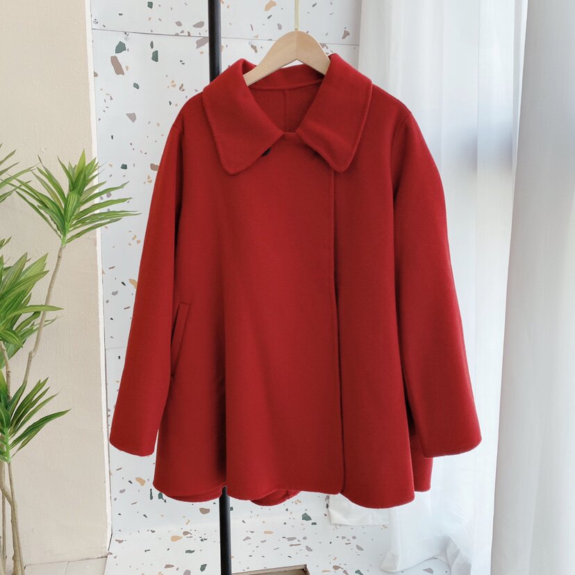 斗篷款双面羊绒大衣红色 超级显瘦