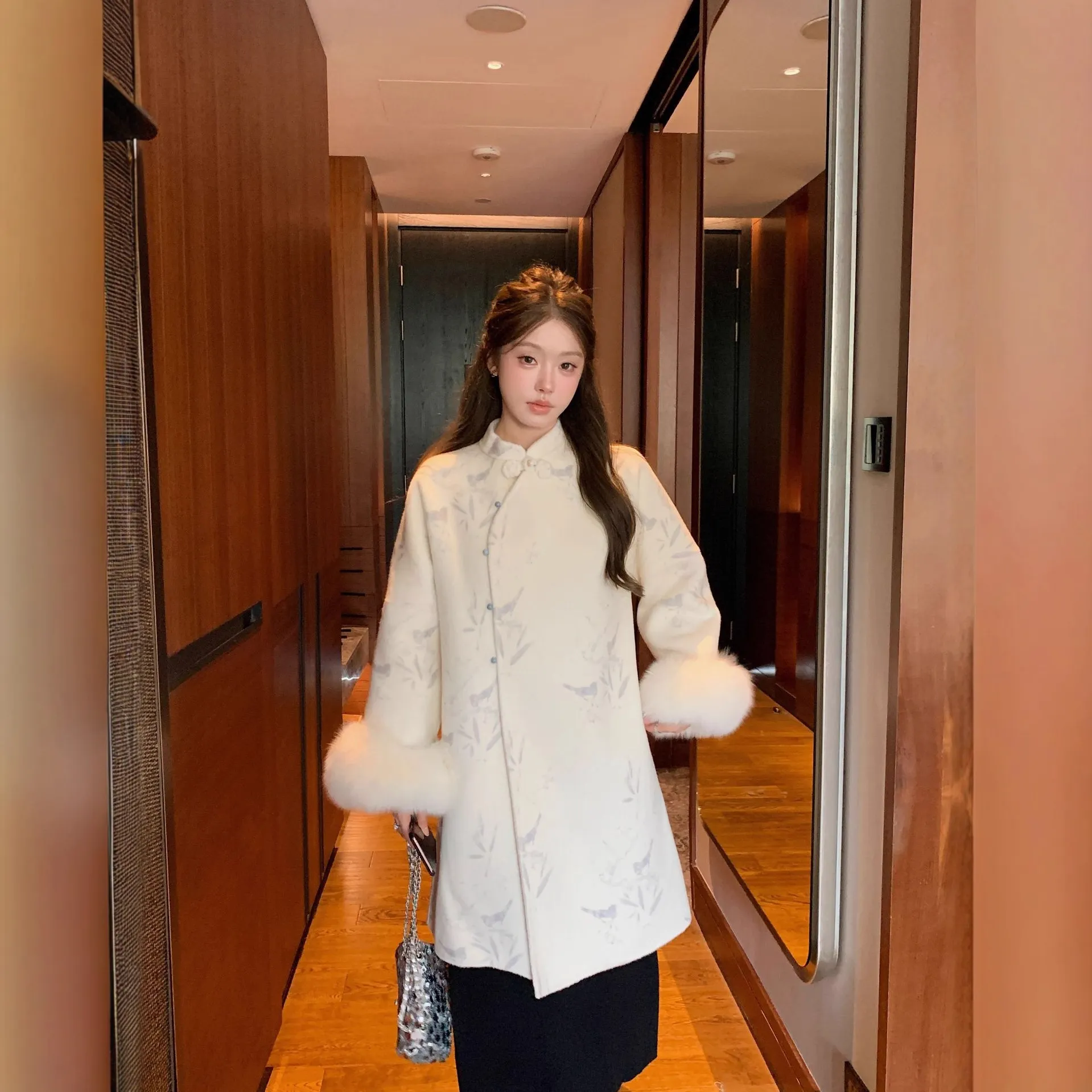 新款秋冬中国风盘扣印花羊毛双面呢女士高级感小个子毛呢外套