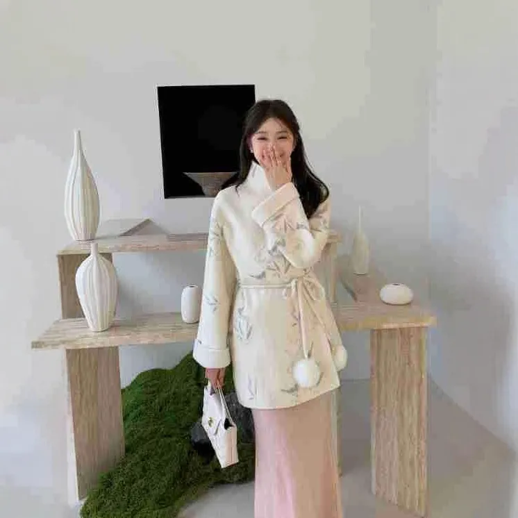 网红爆款2025秋冬双面羊毛大衣韩版宽松绣花韩版宽松休闲毛呢外套