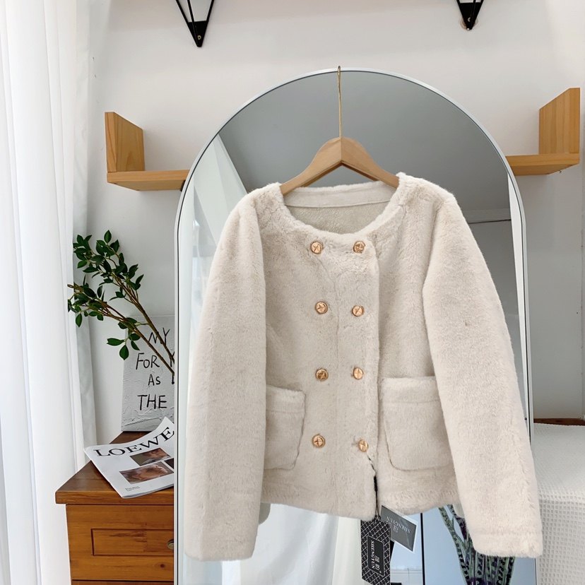 中古千金 琎口环保水貂毛皮草女小香风双排扣外套麂皮大衣