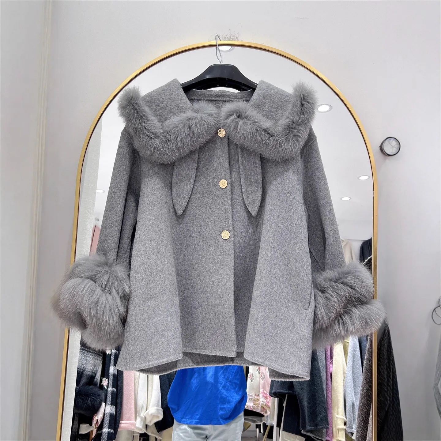 2025新款韩版狐狸毛领双面羊绒大衣女小个子宽松兔耳羊毛呢外套
