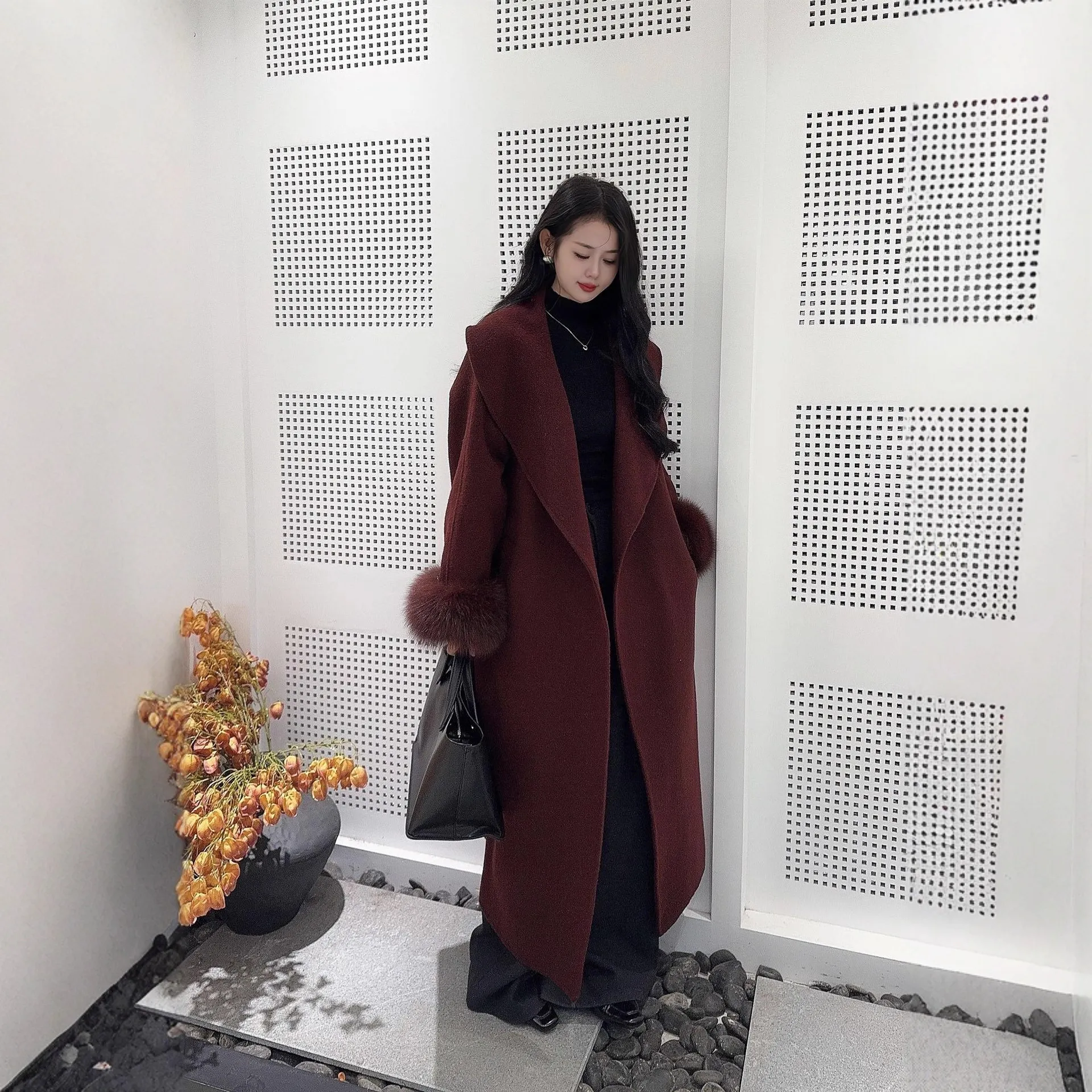 绝绝紫高级财阀千金气质名媛狐狸毛袖加长款双面羊毛大衣系带