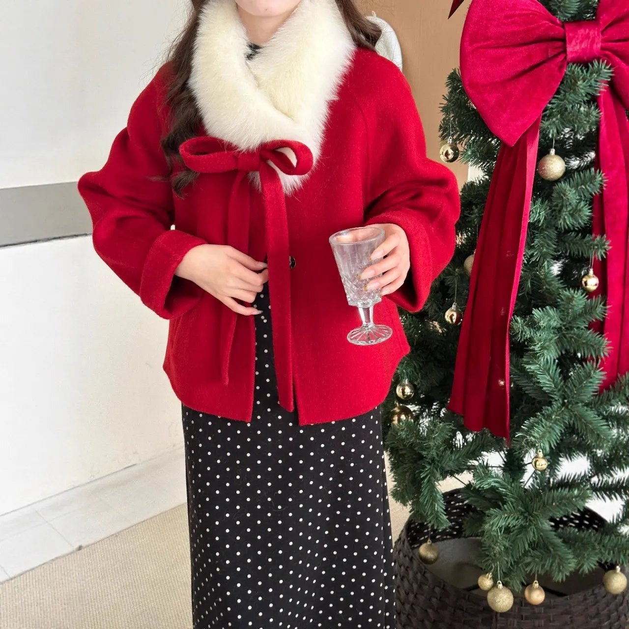 小魔女2025秋冬新系带双面羊毛大衣女狐狸毛领连帽羊毛呢外套