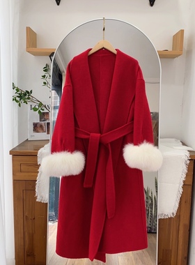 羊毛狐狸毛双面羊绒大衣女长款新V领气质中长款高端红色呢子外套