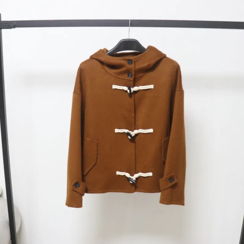 欧洲站秋冬新款韩版宽松牛角扣双面羊毛大衣女短款小个子羊毛呢外