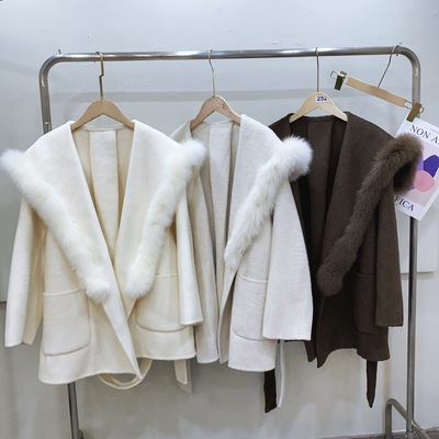 2025冬季新款海军领双面羊绒大衣女中长狐狸毛领系带毛呢皮草外套