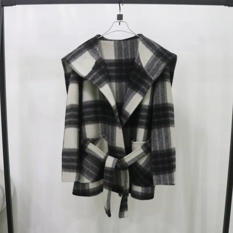 秋冬新款海军领双面羊毛大衣女短小个子连帽韩系复古格子毛呢外套