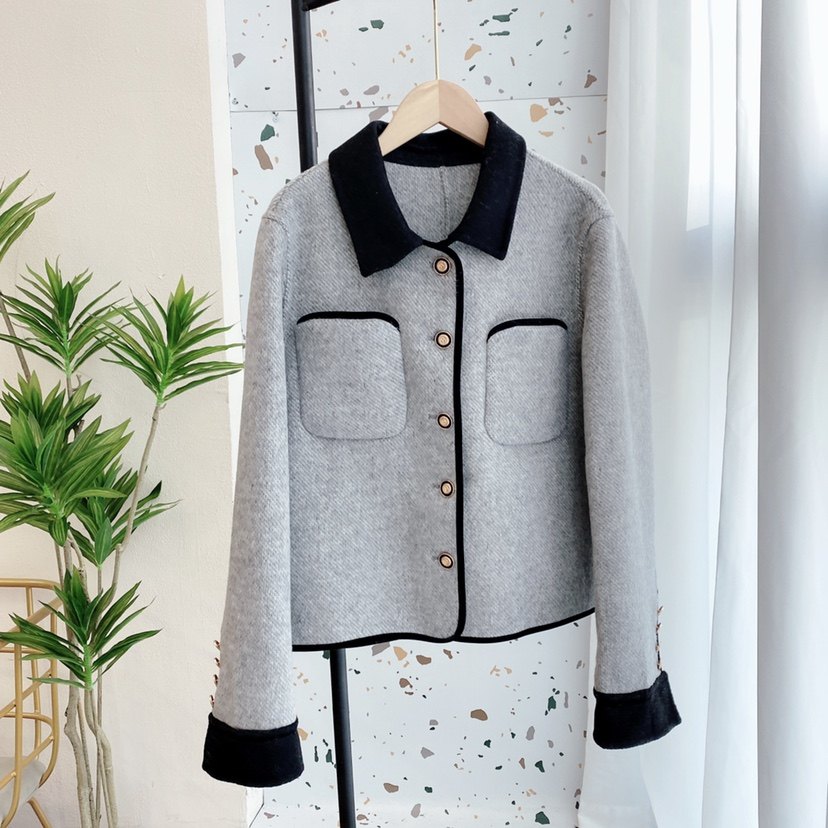 拼接撞色双面羊绒大衣女短款春秋法式高定翻领小香风羊毛呢大衣