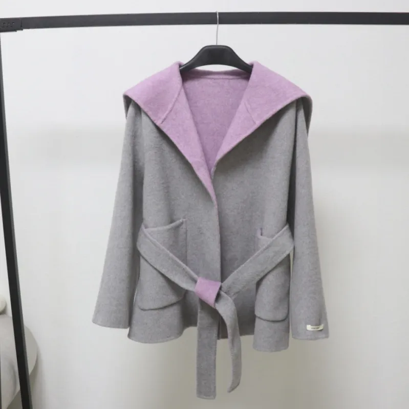 双面呢大衣女冬短款小个子系带收腰连帽休闲羊毛毛呢外套