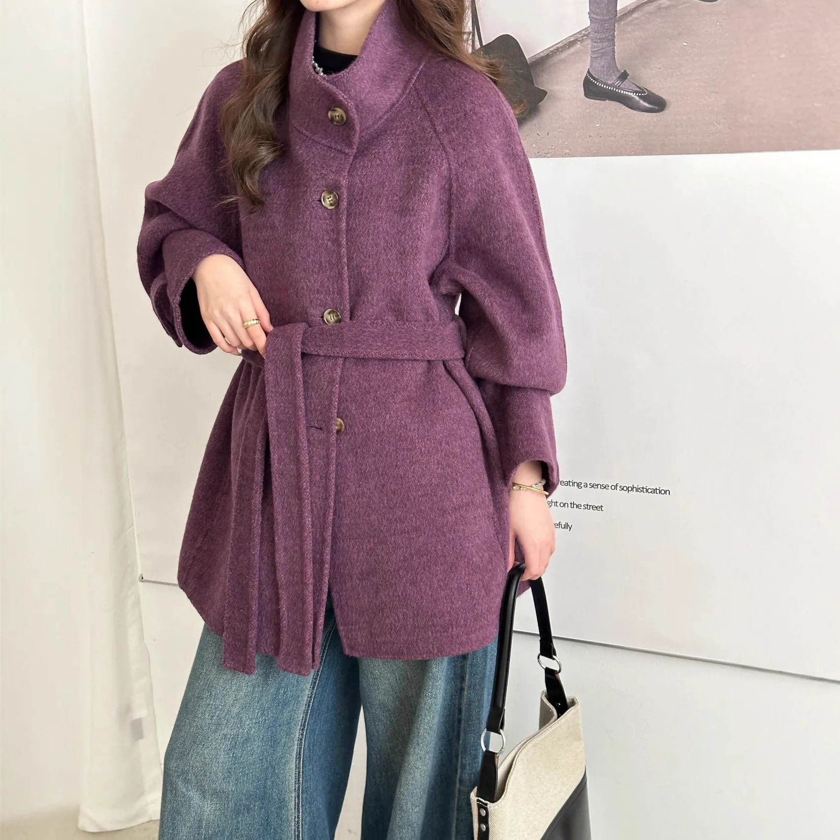 2025秋冬中长款双面羊毛毛呢外套女百搭立领小个子短款呢子大衣