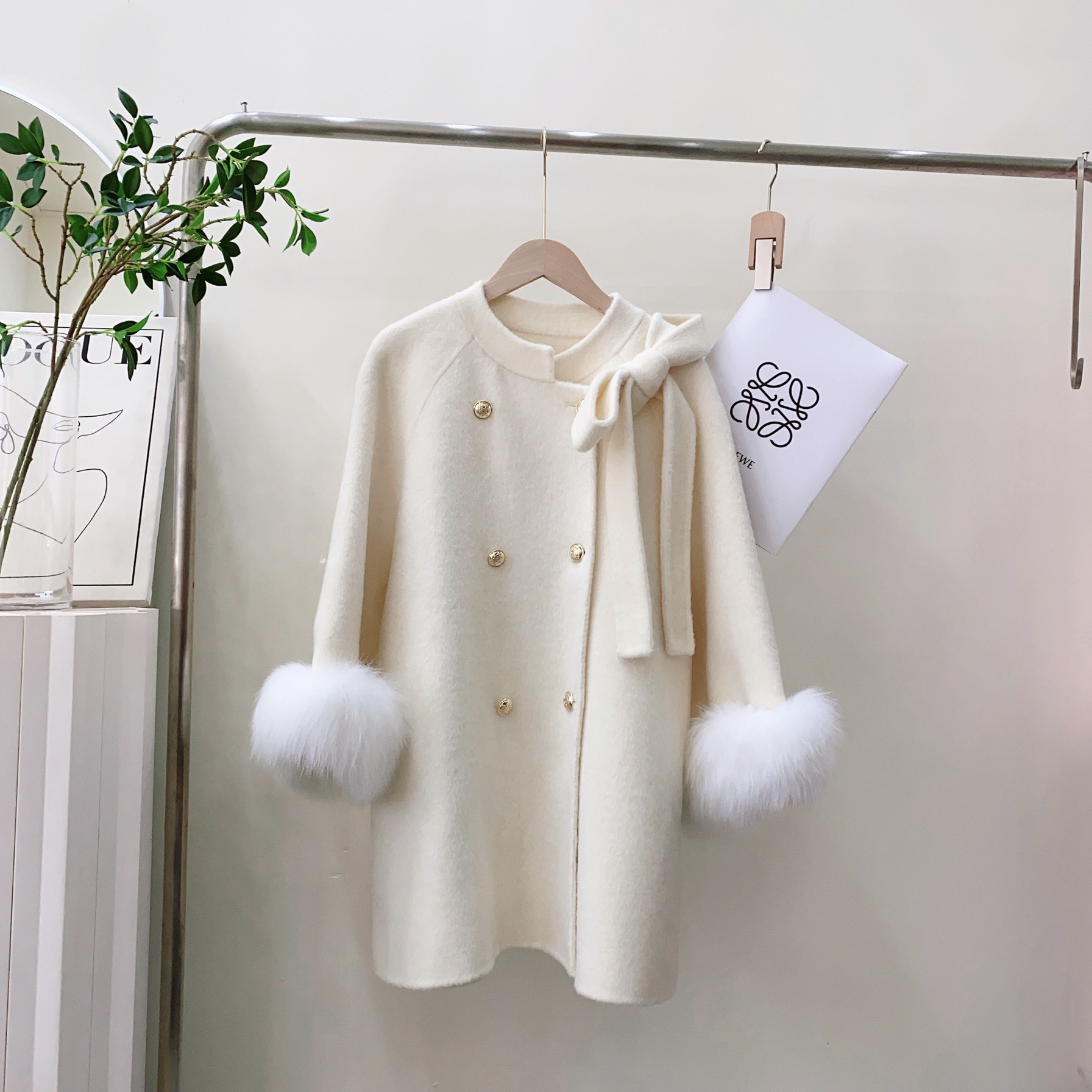 名媛富家千金蝴蝶结2024新款双面羊绒大衣女狐狸毛毛呢外套秋冬