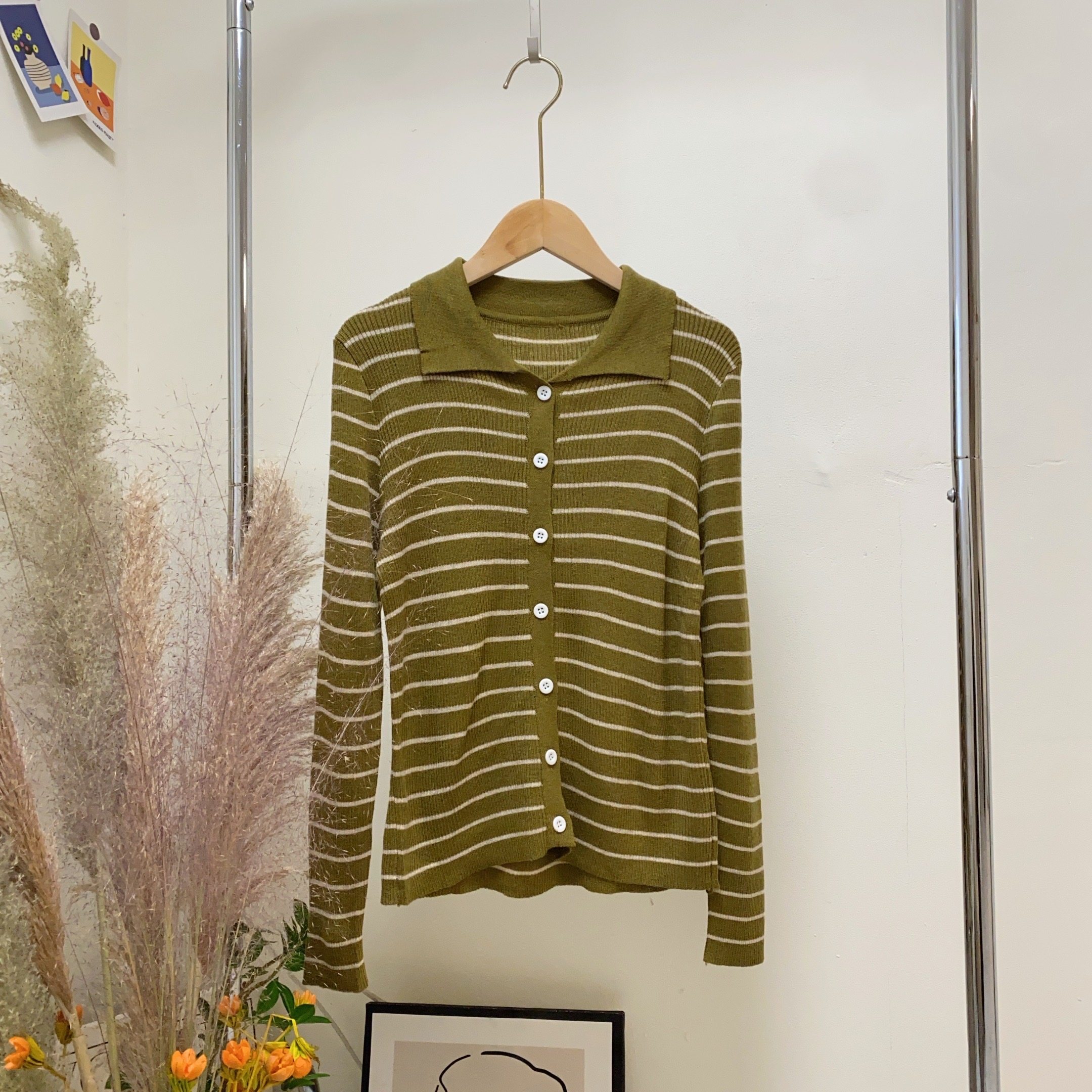 针织开衫女春季新品简约翻领长袖条纹全羊毛外套毛衣